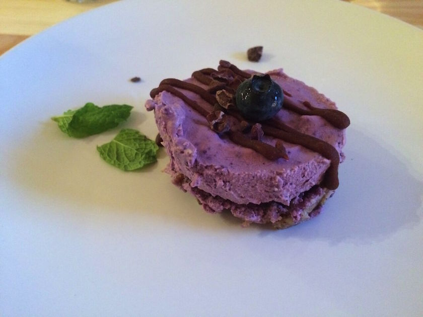 Wild Blue Cheesecake, was the final dish of the evening. Made with coconut, blueberry, lemon, walnut, lemon zest, and dates with cacao basil reduction, this melted in my mouth. Plus the mint leaves were such a great addition!